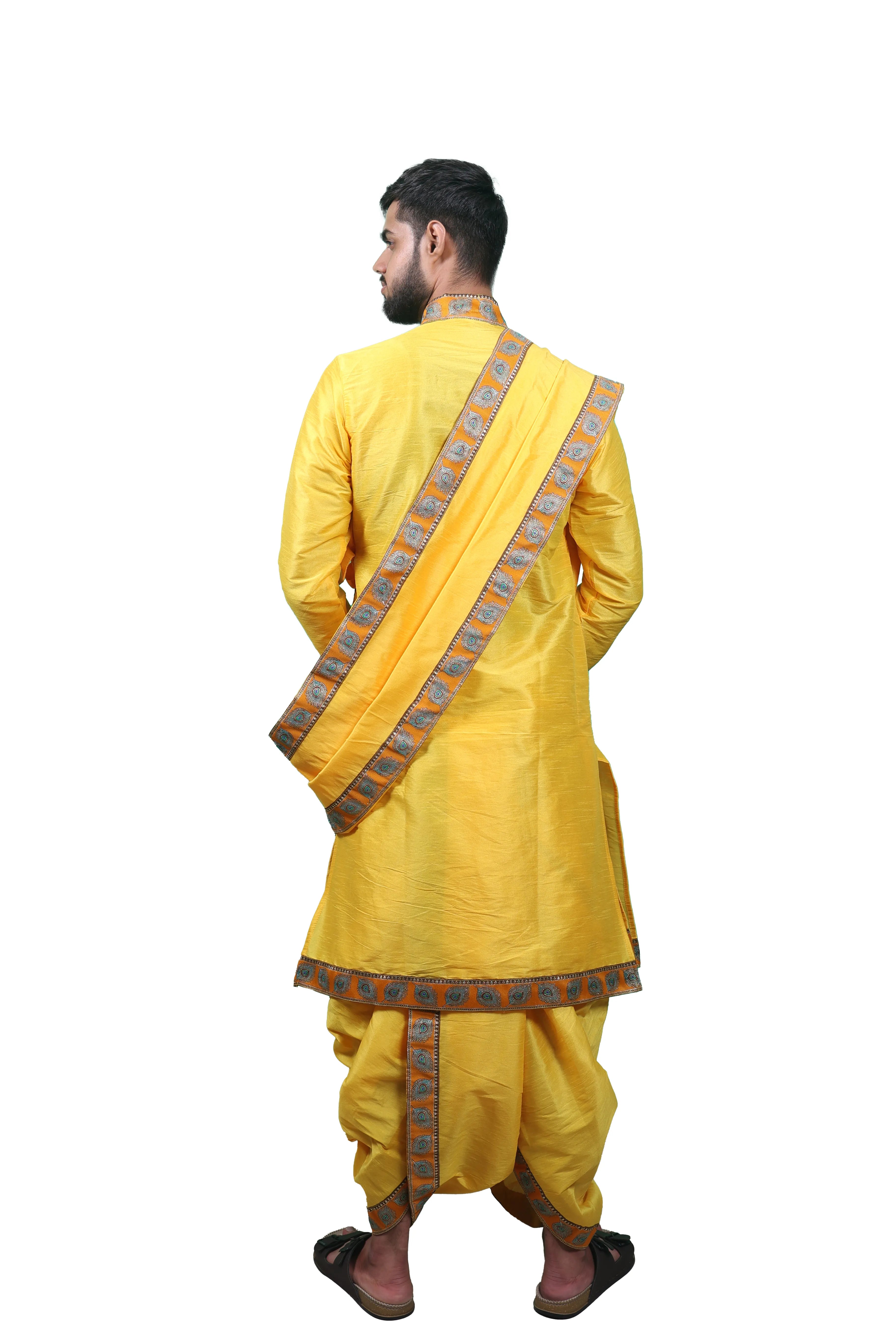 Traditional Bagalbandhi Dhoti Set (Mor Pankh - Mango) with readymade dhoti and dupatta