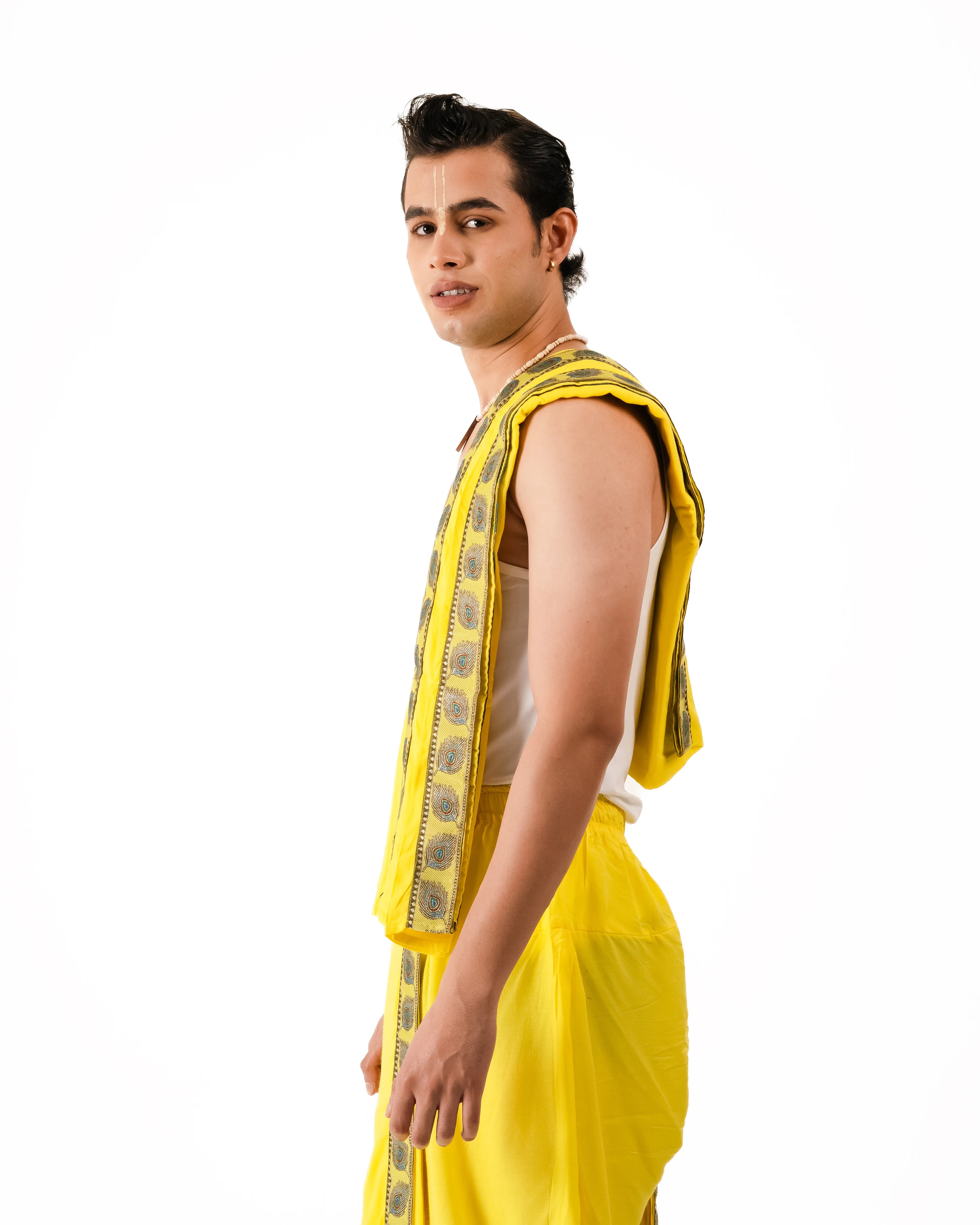 Traditional Readymade Dhoti and Dupatta (Mor Pankh) Lemon