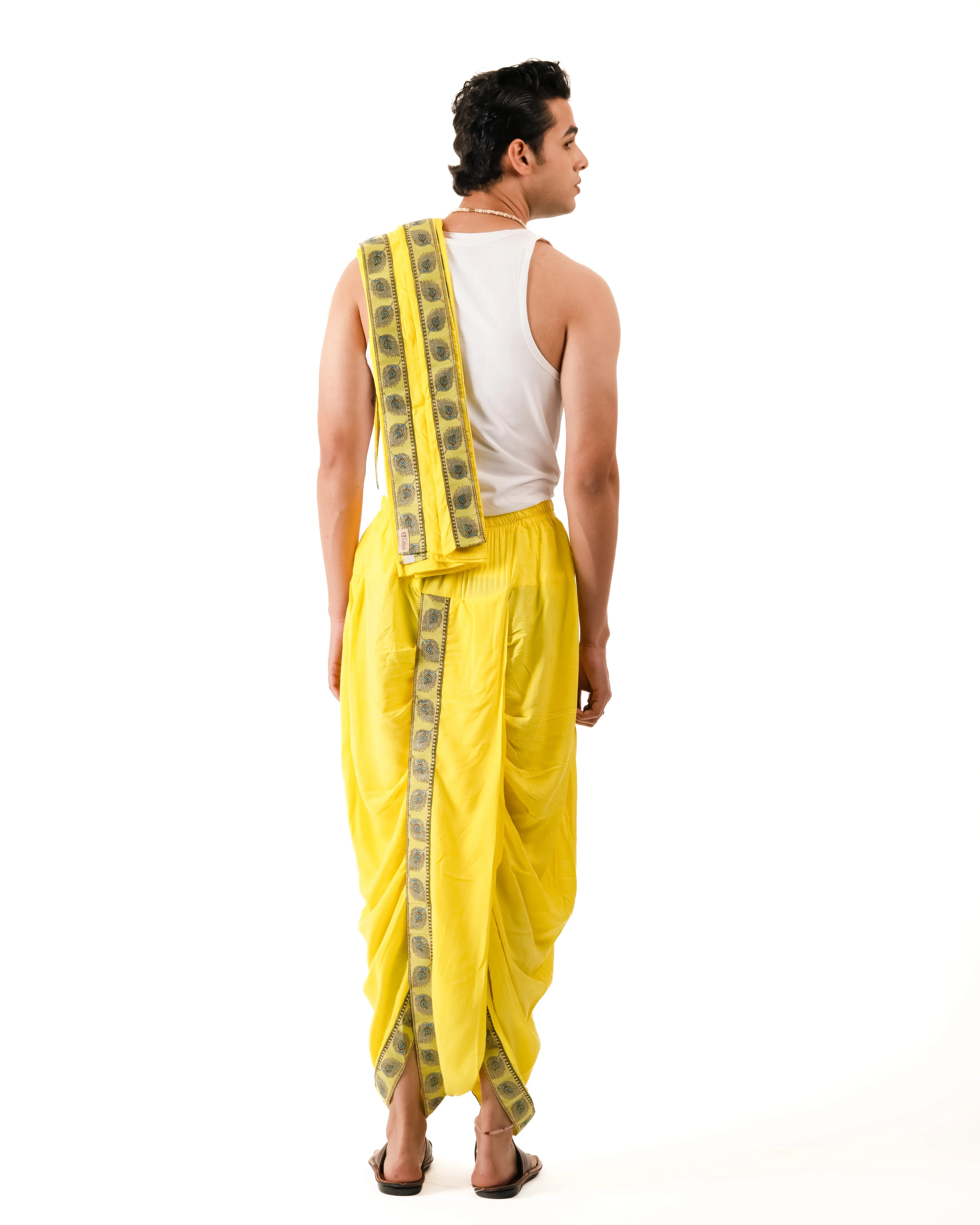 Traditional Readymade Dhoti and Dupatta (Mor Pankh) Lemon