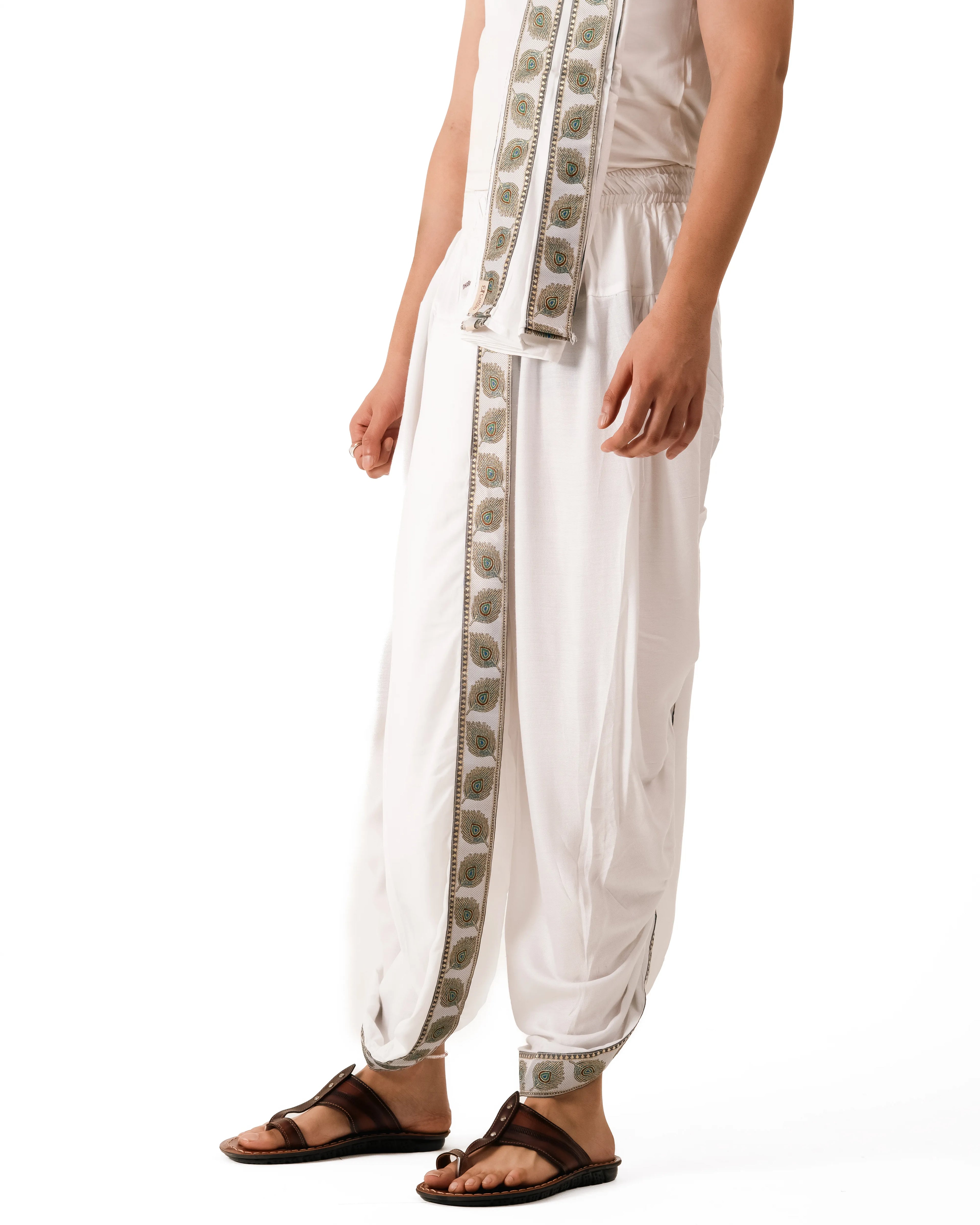 Traditional White Readymade Dhoti Set With Mor Pankh Pattern