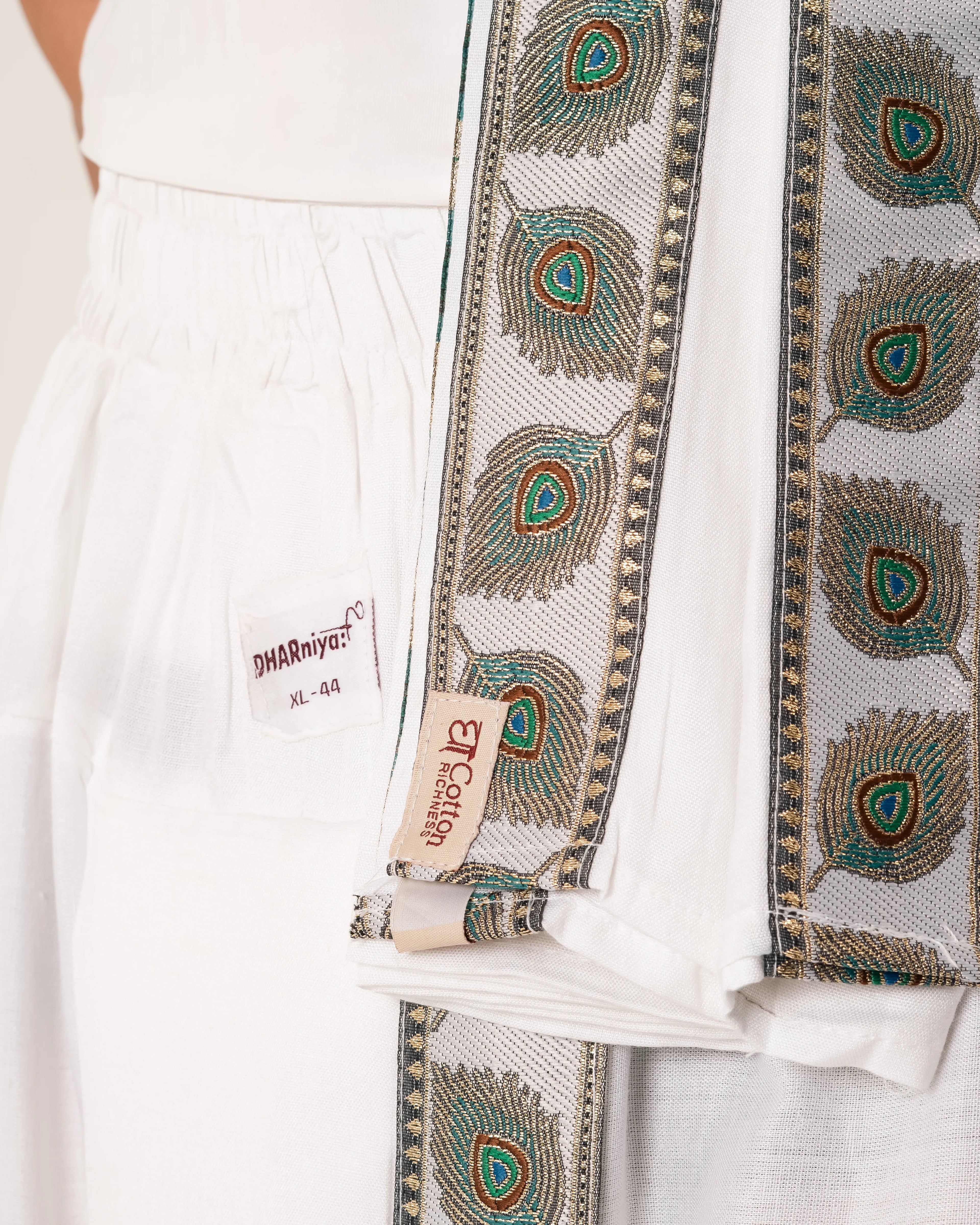 Traditional White Readymade Dhoti Set With Mor Pankh Pattern