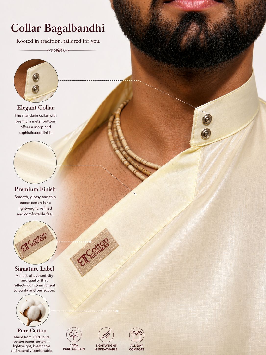 Pure Cotton Half Sleeve Bagalbandi Cream