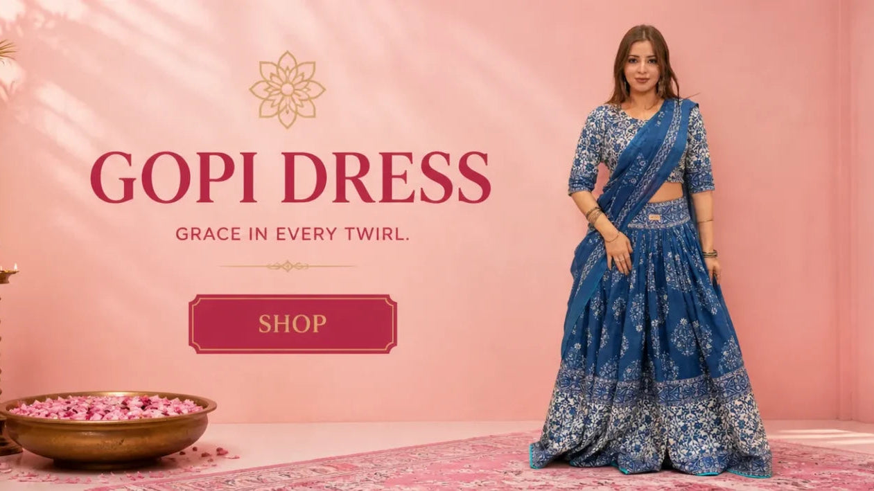 Woman in a blue saree with 'Gopi Dress' branding and promotional text on a pink background.