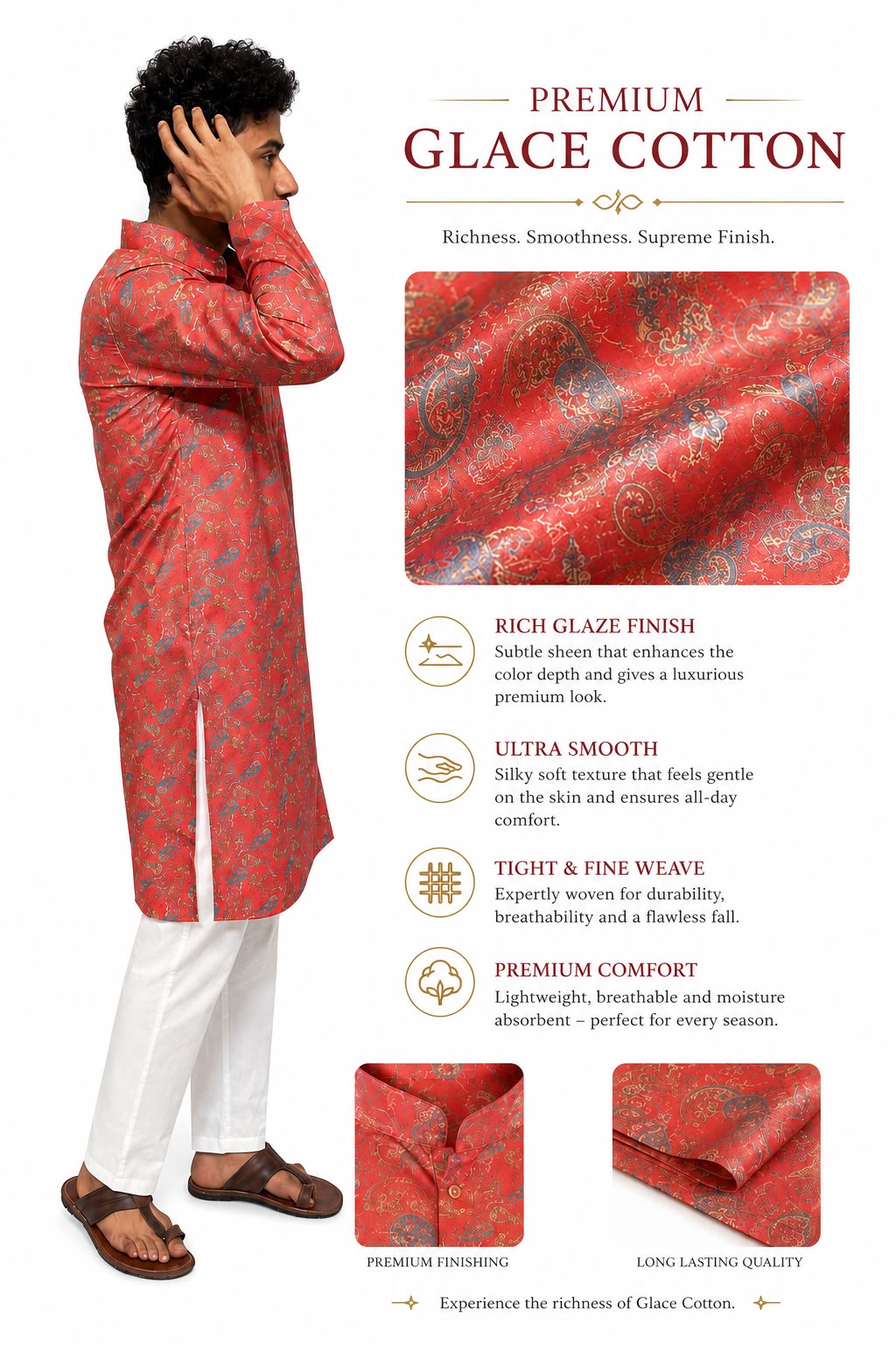 Printed Glace Cotton Kurta Red