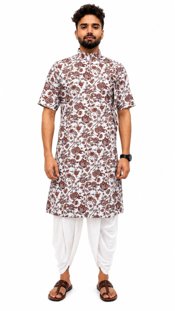 Half Sleeve Collar Printed Bagalbandi White